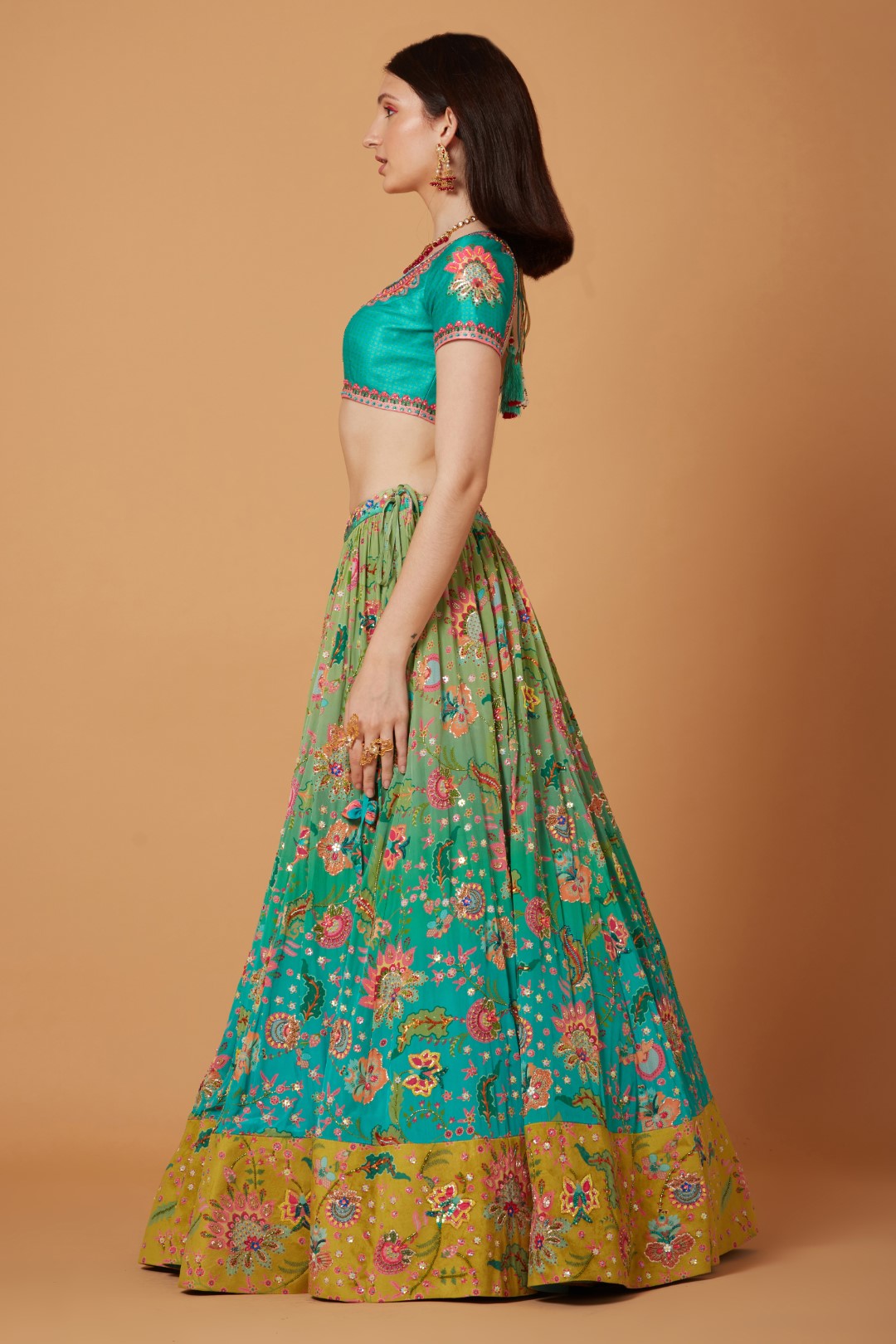 Aqua Turquoise Ombre Embroidered Lehenga Set-Siddhartha Bansal