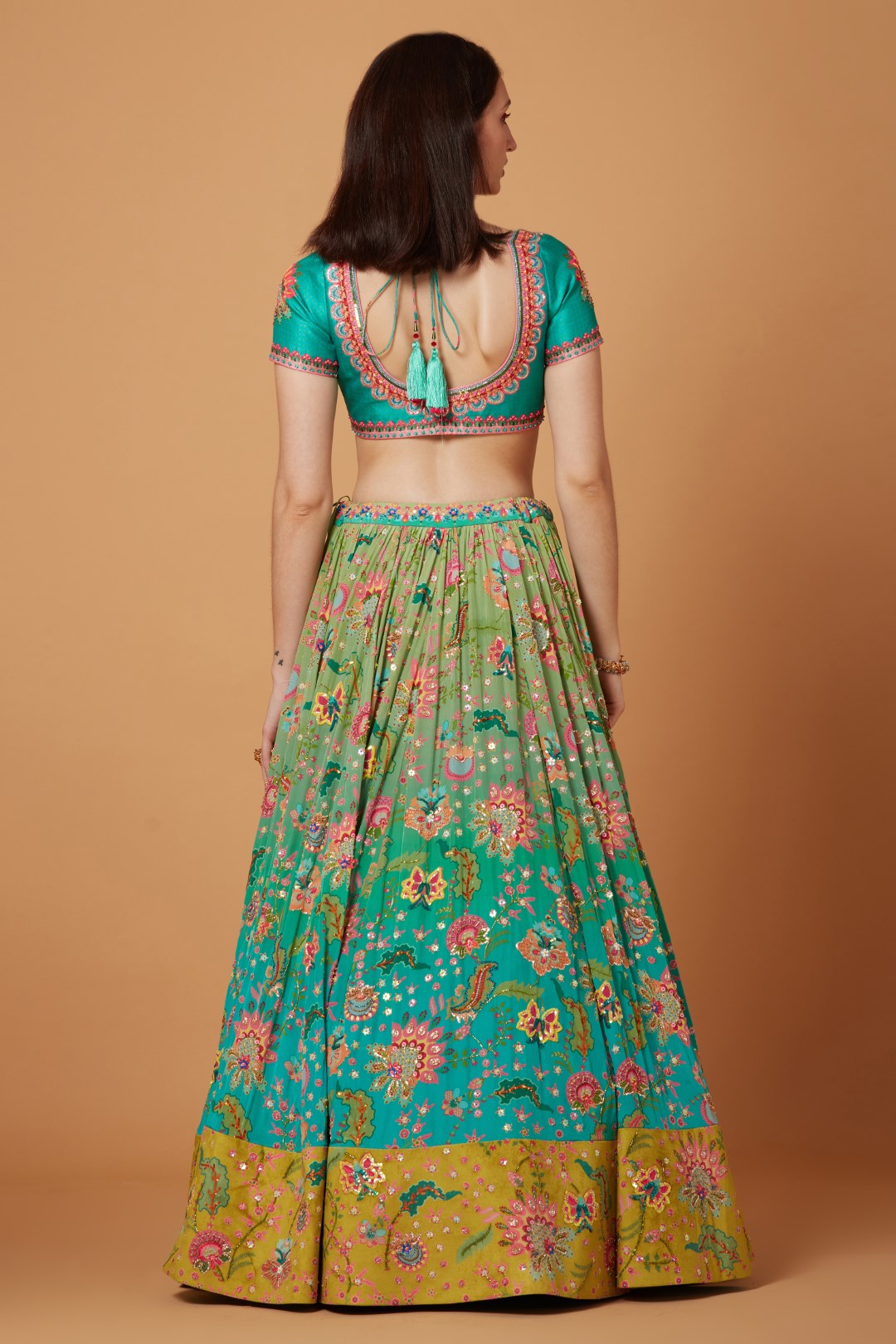 Aqua Turquoise Ombre Embroidered Lehenga Set-Siddhartha Bansal