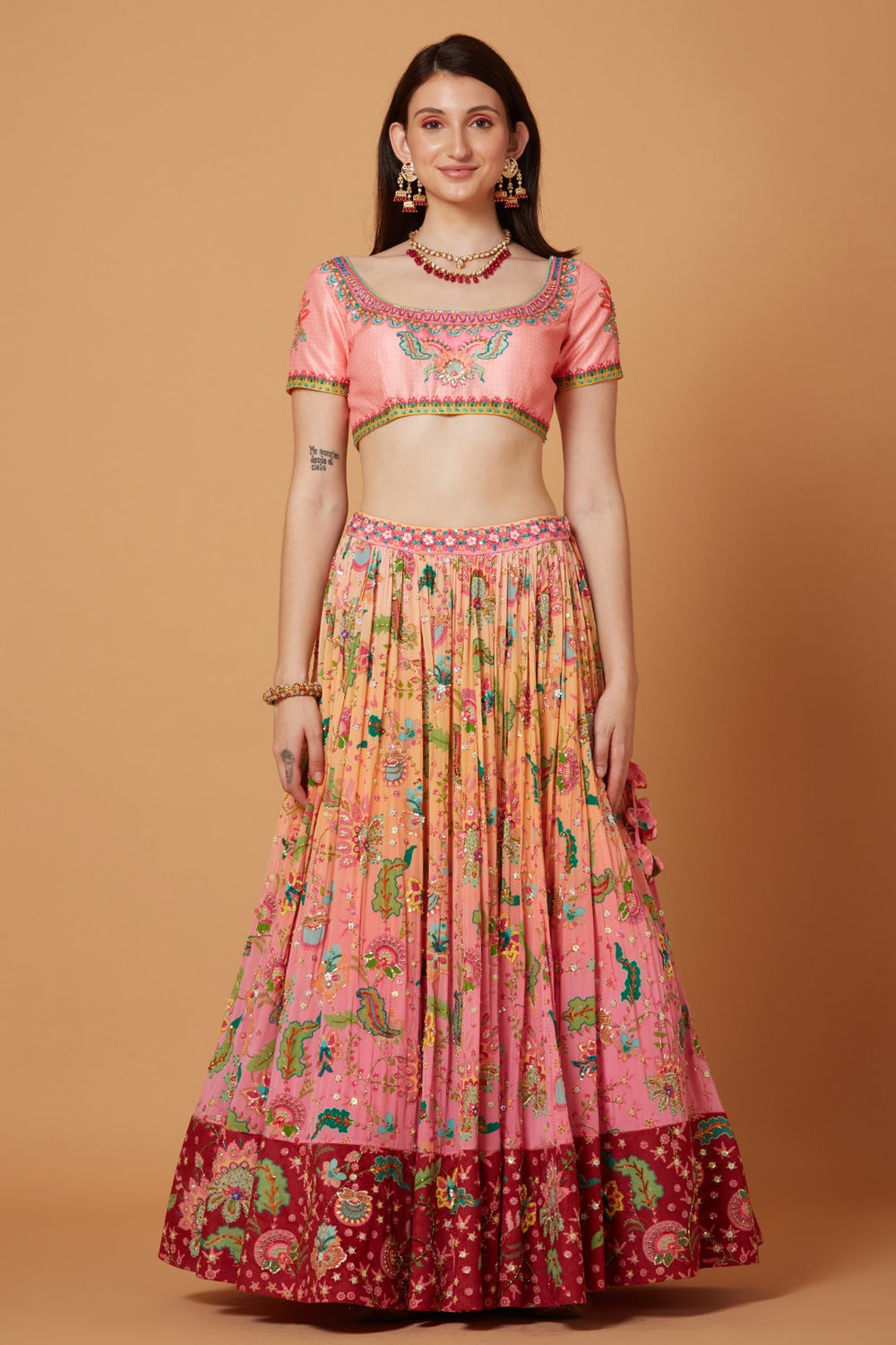Peach-Pink Ombre Embroidered Lehenga Set-Siddhartha Bansal