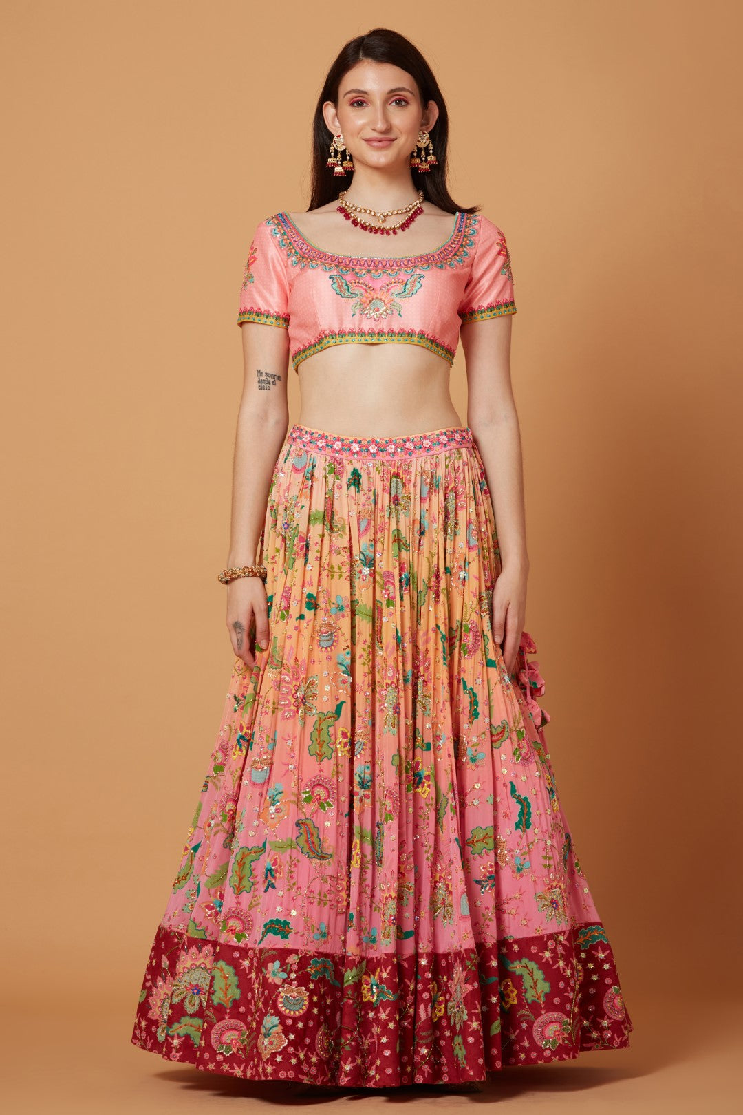 Peach-Pink Ombre Embroidered Lehenga Set-Siddhartha Bansal