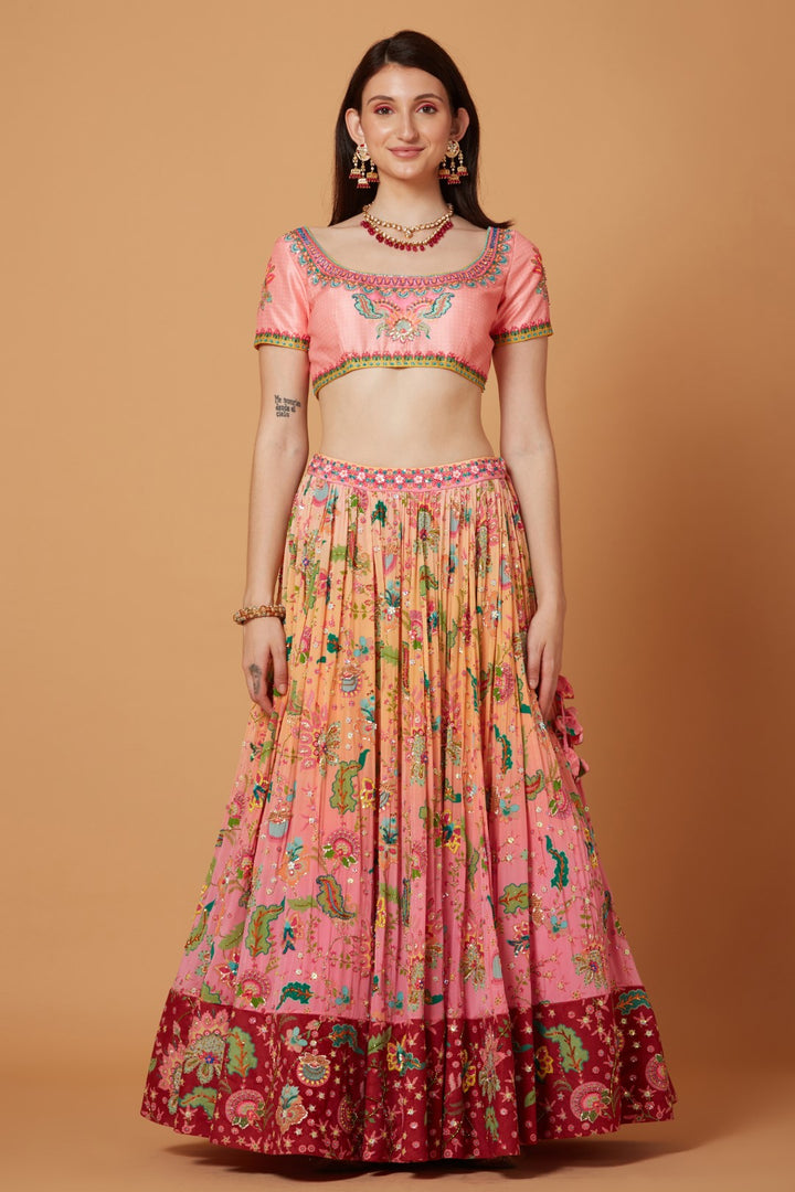 Peach-Pink Ombre Embroidered Lehenga Set-Siddhartha Bansal