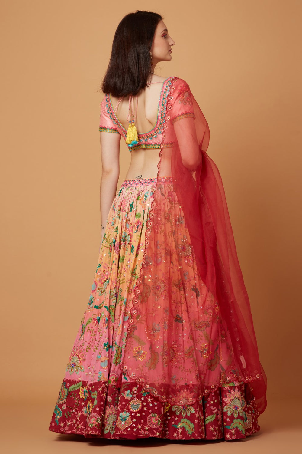 Peach-Pink Ombre Embroidered Lehenga Set-Siddhartha Bansal
