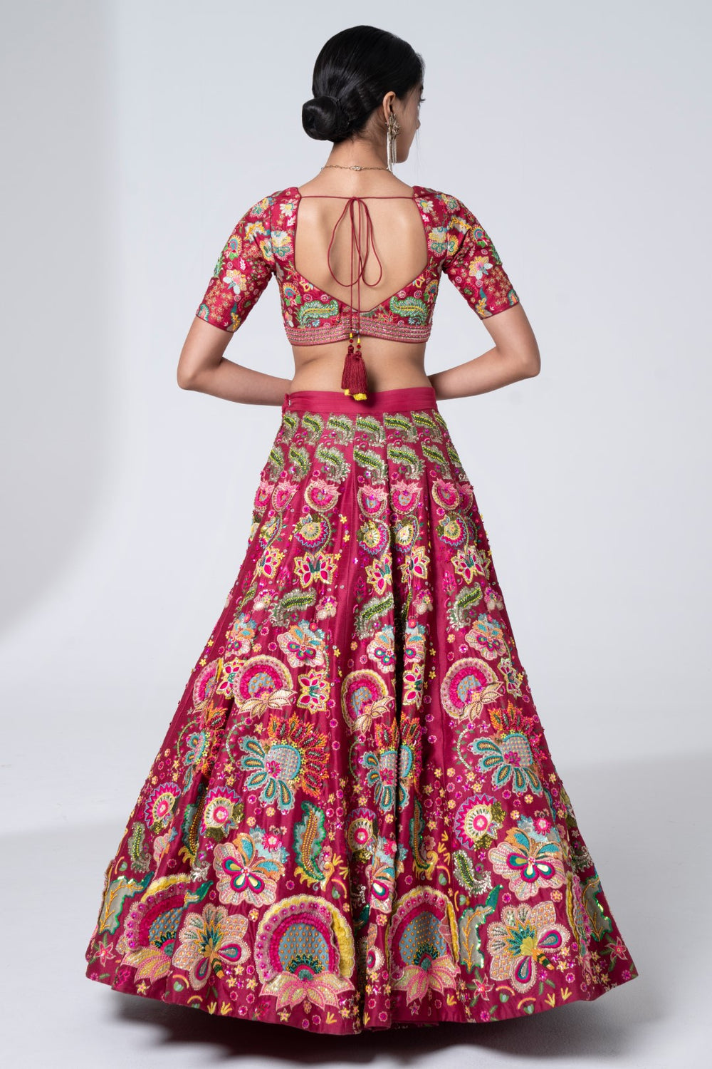 3D Embroidered Burgundy Lehenga Set-Siddhartha Bansal