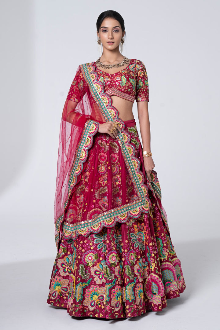 3D Embroidered Burgundy Lehenga Set-Siddhartha Bansal