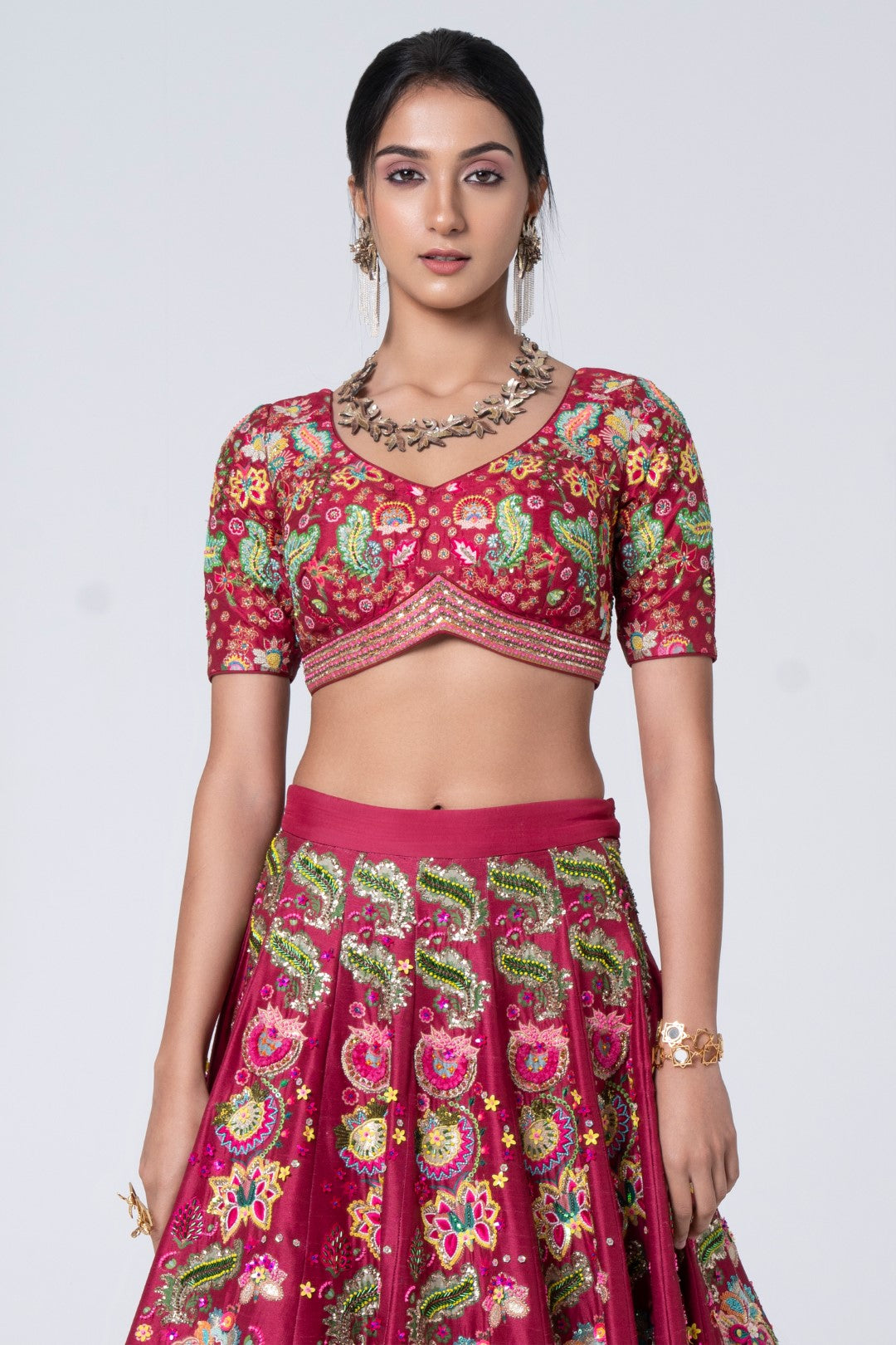 3D Embroidered Burgundy Lehenga Set-Siddhartha Bansal