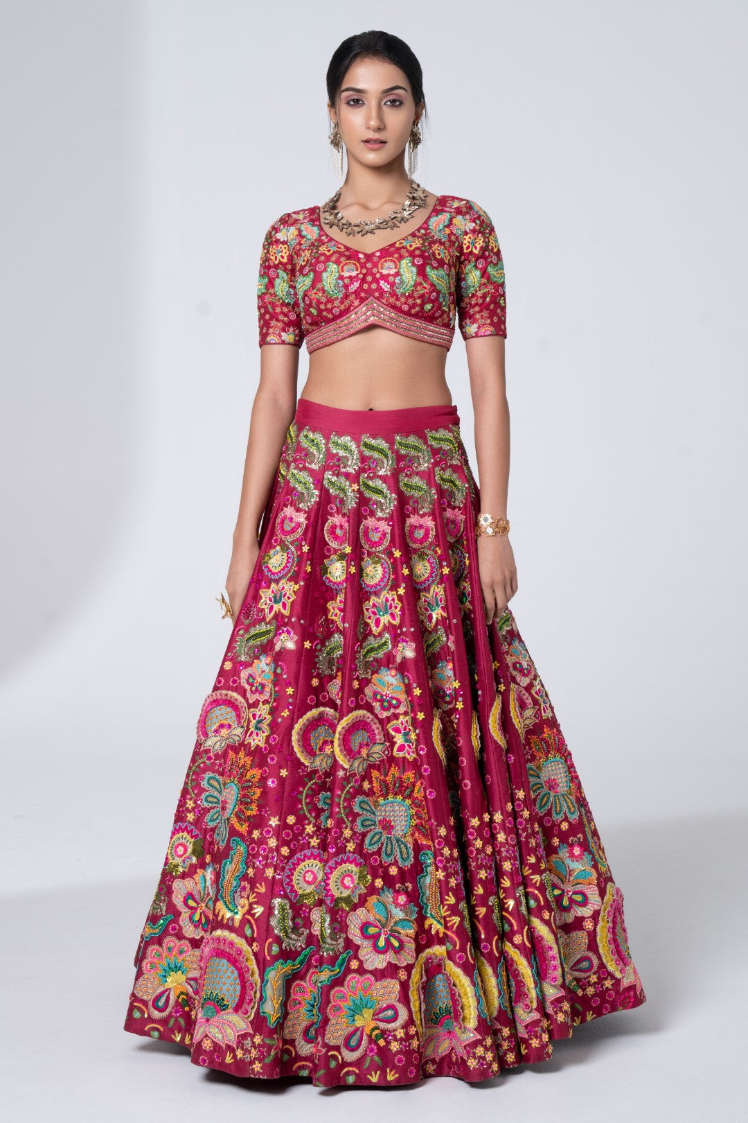 3D Embroidered Burgundy Lehenga Set-Siddhartha Bansal