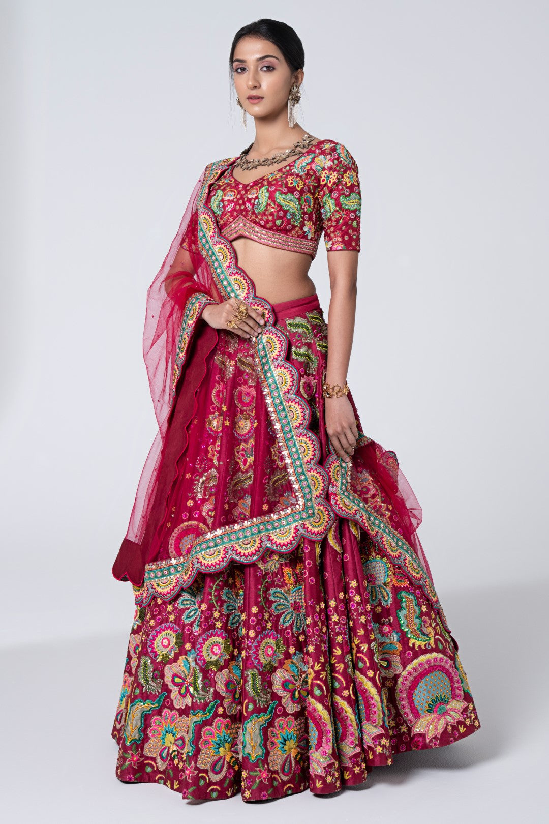 3D Embroidered Burgundy Lehenga Set-Siddhartha Bansal