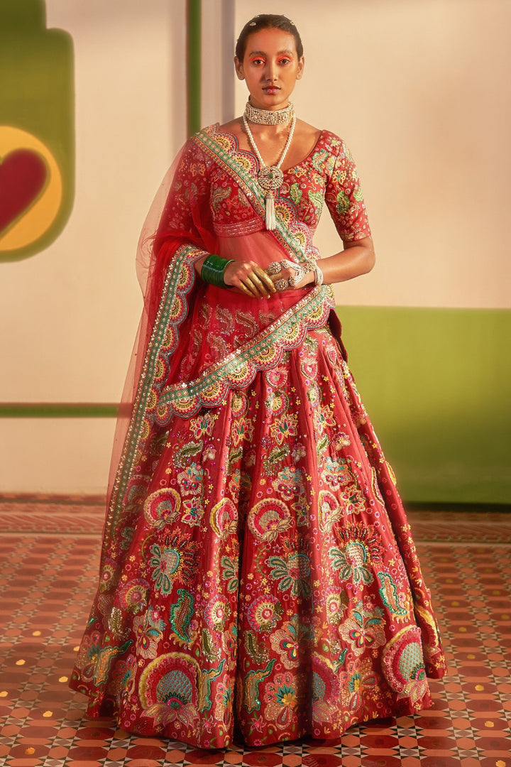 3D Embroidered Burgundy Lehenga Set-Siddhartha Bansal