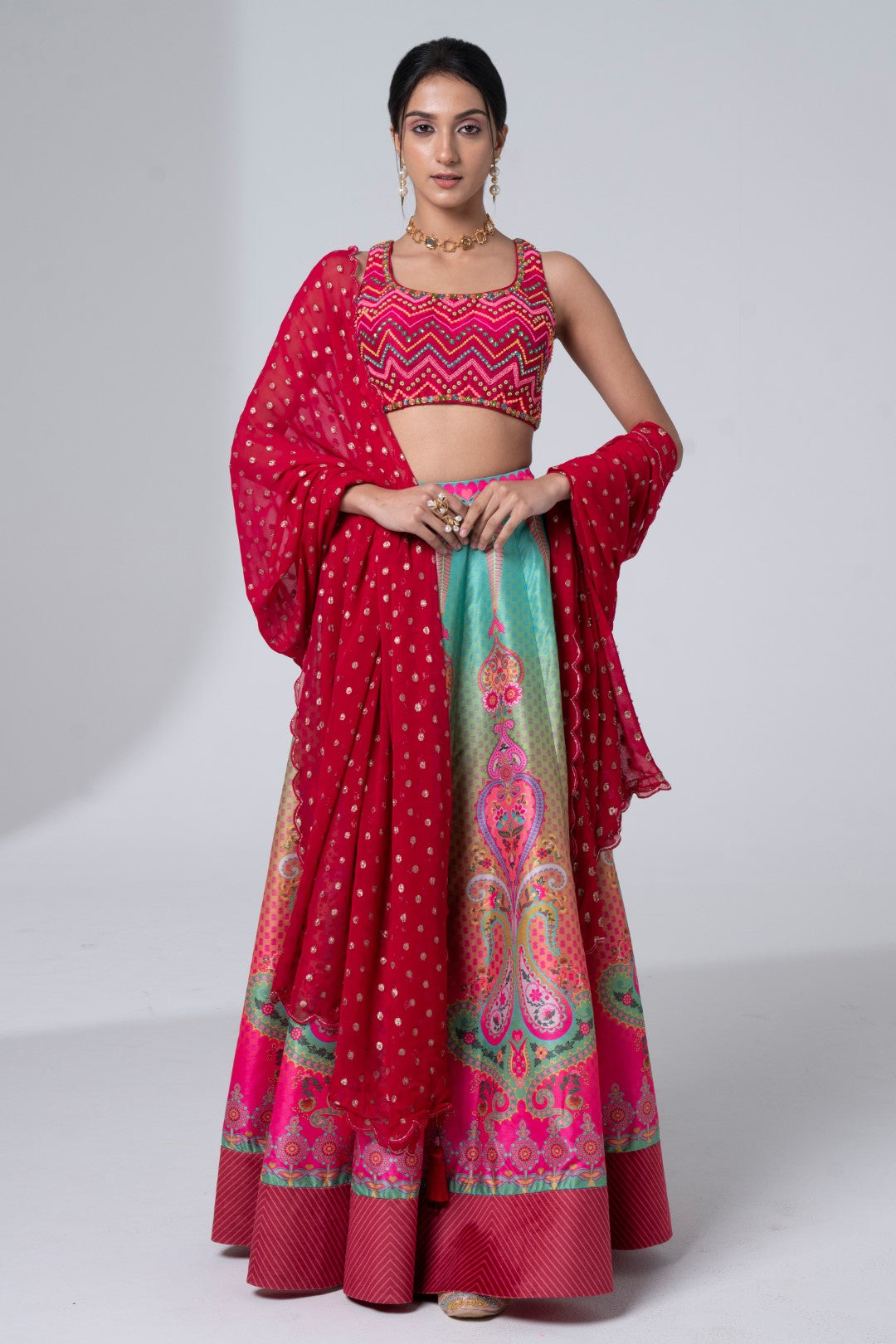 Printed Lehnga With Embroidered Detailing On Blouse And Scalloped Dupatta Set-Siddhartha Bansal