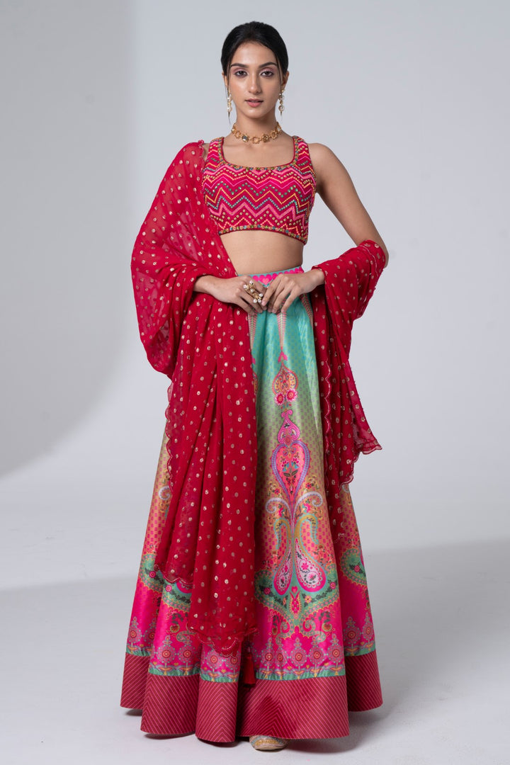 Printed Lehnga With Embroidered Detailing On Blouse And Scalloped Dupatta Set-Siddhartha Bansal