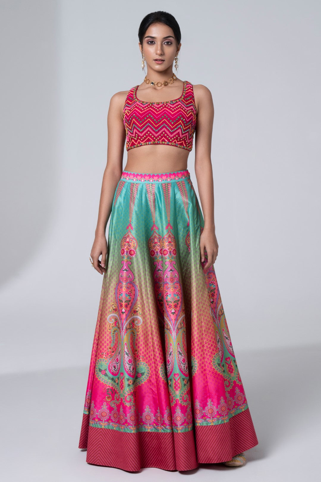 Printed Lehnga With Embroidered Detailing On Blouse And Scalloped Dupatta Set-Siddhartha Bansal