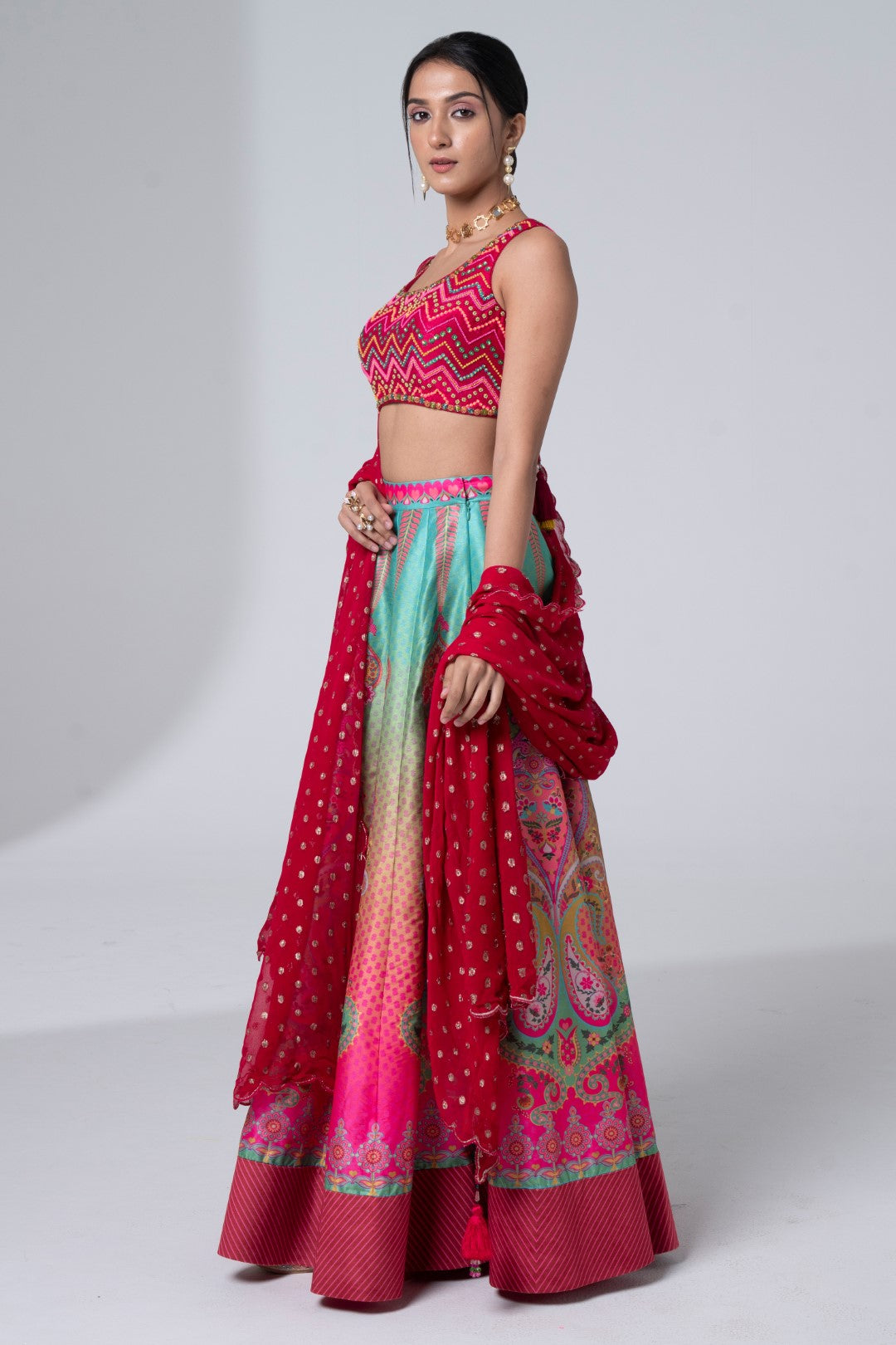 Printed Lehnga With Embroidered Detailing On Blouse And Scalloped Dupatta Set-Siddhartha Bansal