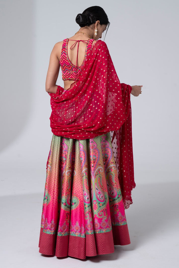 Printed Lehnga With Embroidered Detailing On Blouse And Scalloped Dupatta Set-Siddhartha Bansal