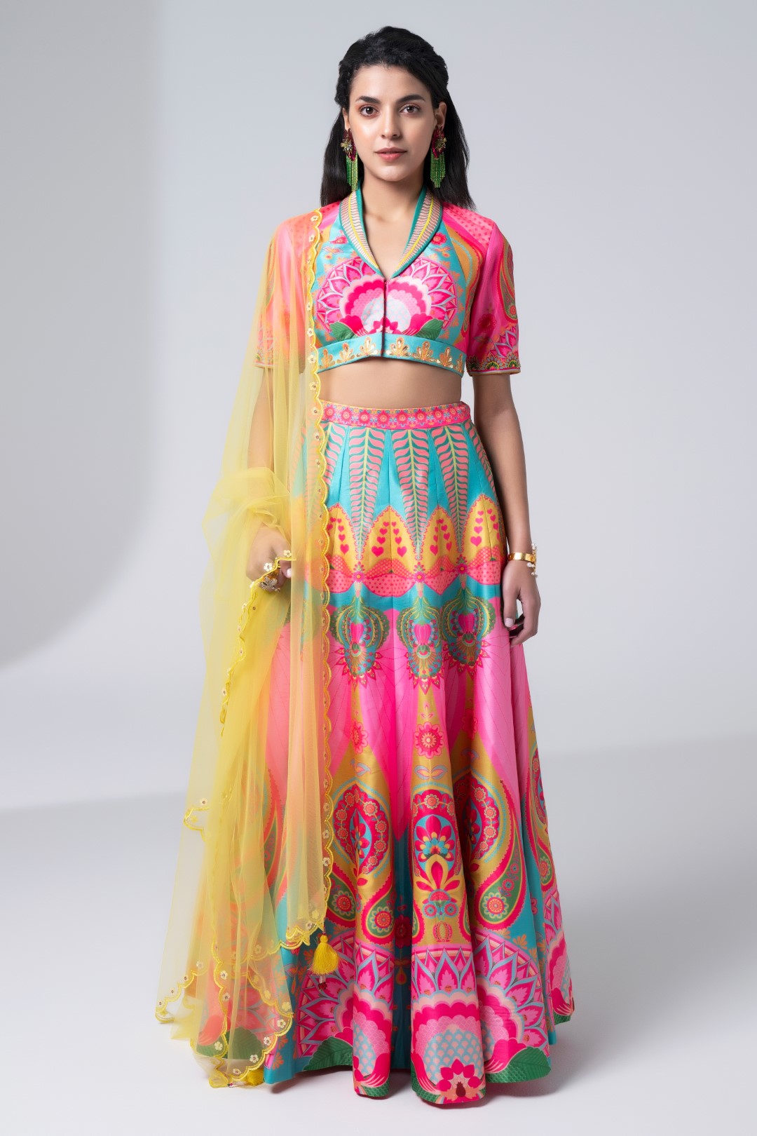 Printed Lehnga With Embroidered Detailing On Blouse And Scalloped Dupatta Set-Siddhartha Bansal