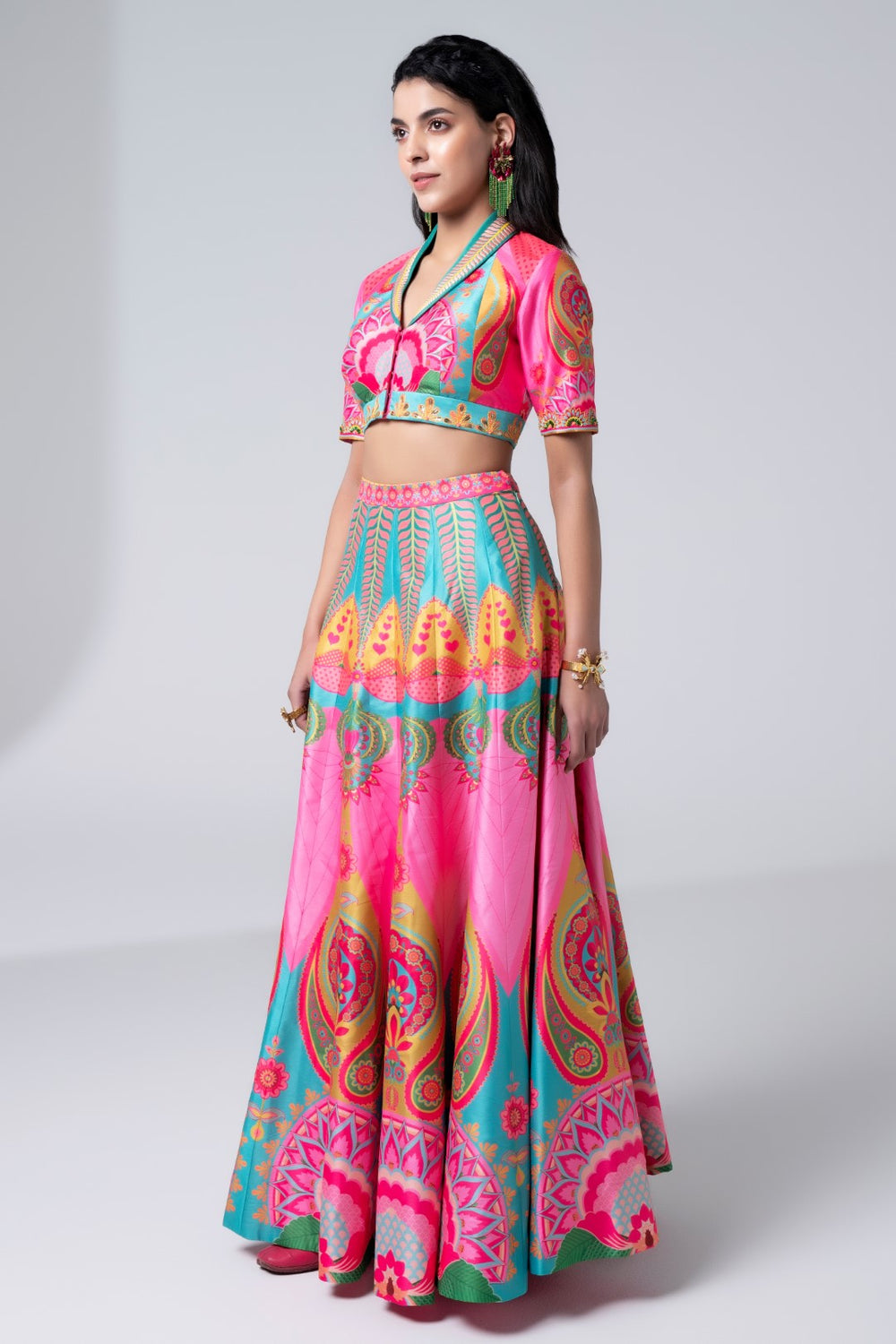 Printed Lehnga With Embroidered Detailing On Blouse And Scalloped Dupatta Set-Siddhartha Bansal