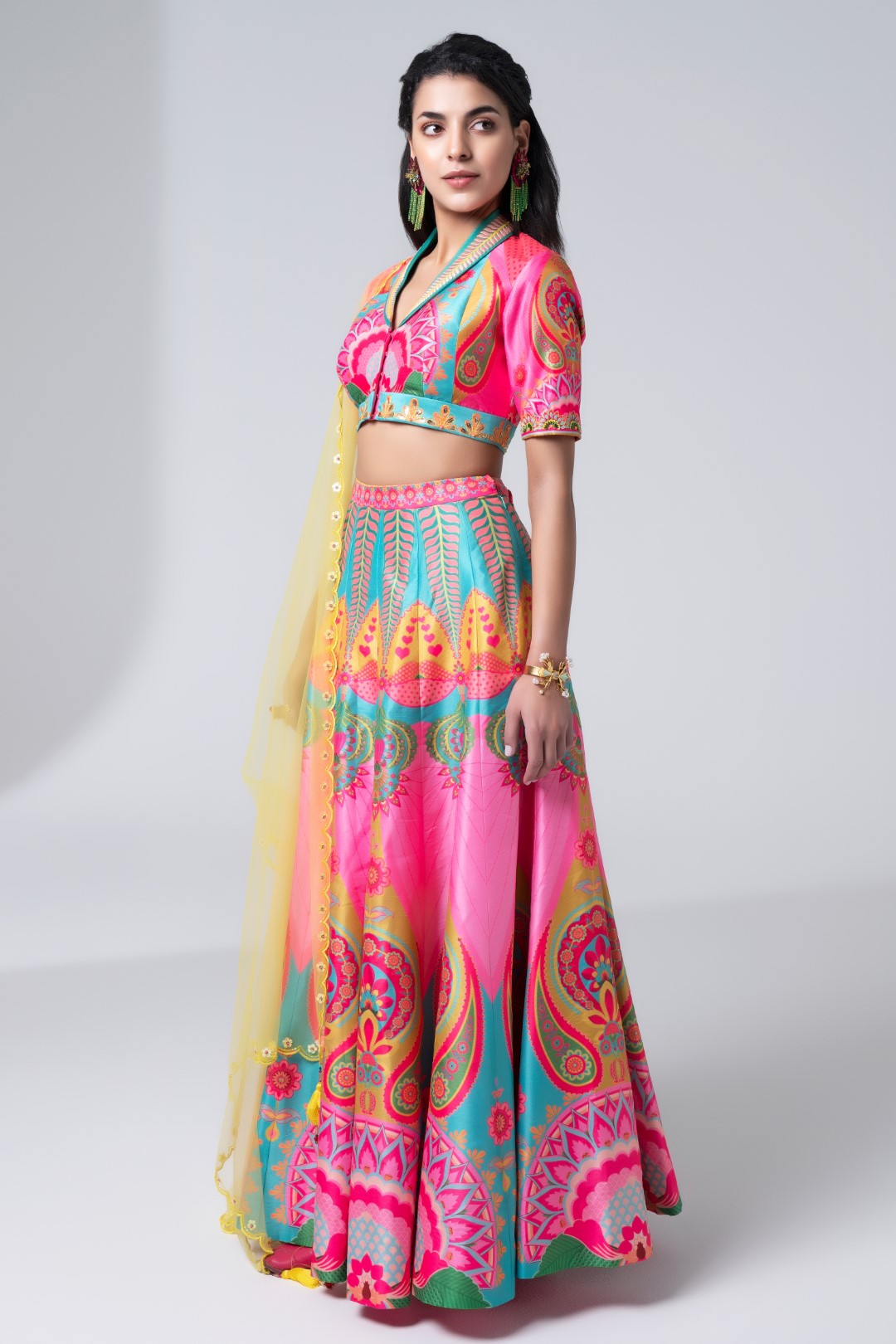 Printed Lehnga With Embroidered Detailing On Blouse And Scalloped Dupatta Set-Siddhartha Bansal