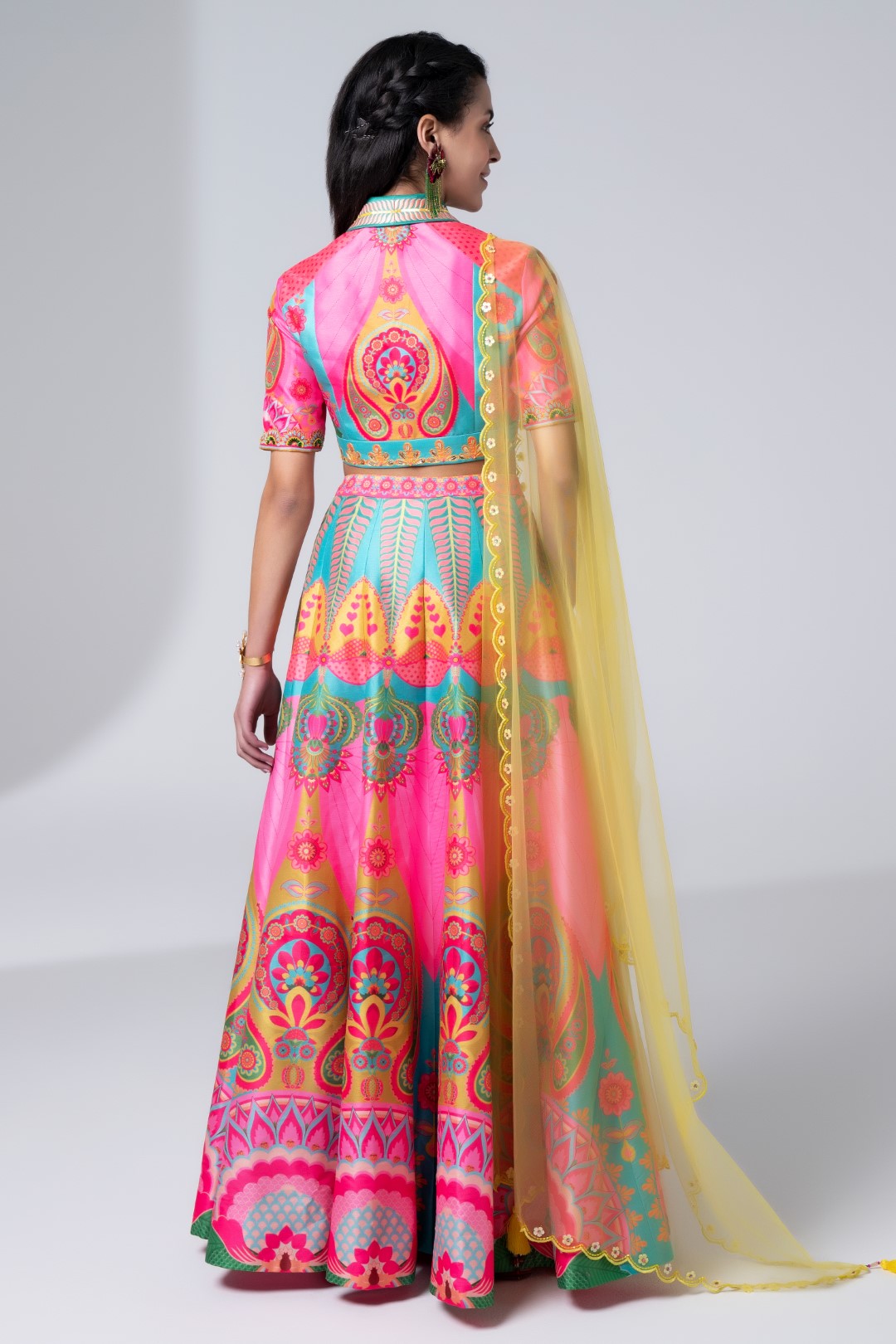 Printed Lehnga With Embroidered Detailing On Blouse And Scalloped Dupatta Set-Siddhartha Bansal