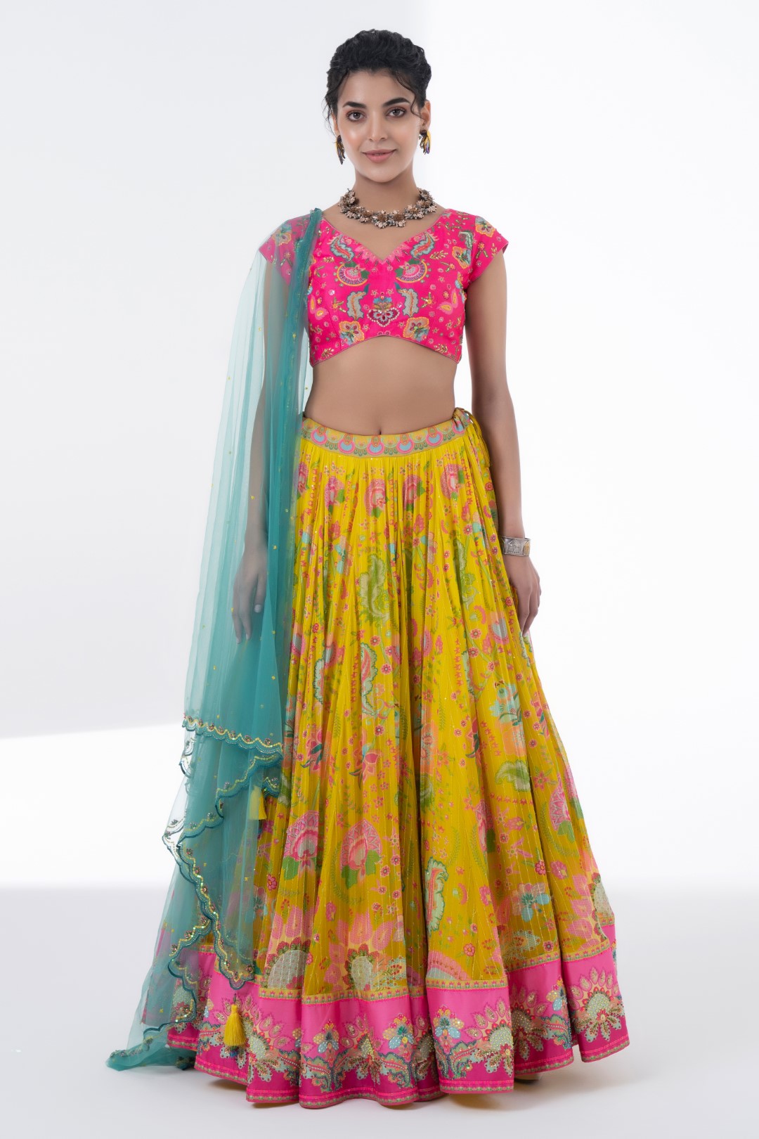 Printed Lehnga With Embroidered Detailing On Border And Blouse With Scalloped Dupatta Set-Siddhartha Bansal