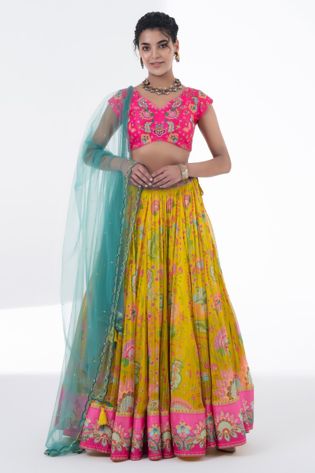 Printed Lehnga With Embroidered Detailing On Border And Blouse With Scalloped Dupatta Set-Siddhartha Bansal