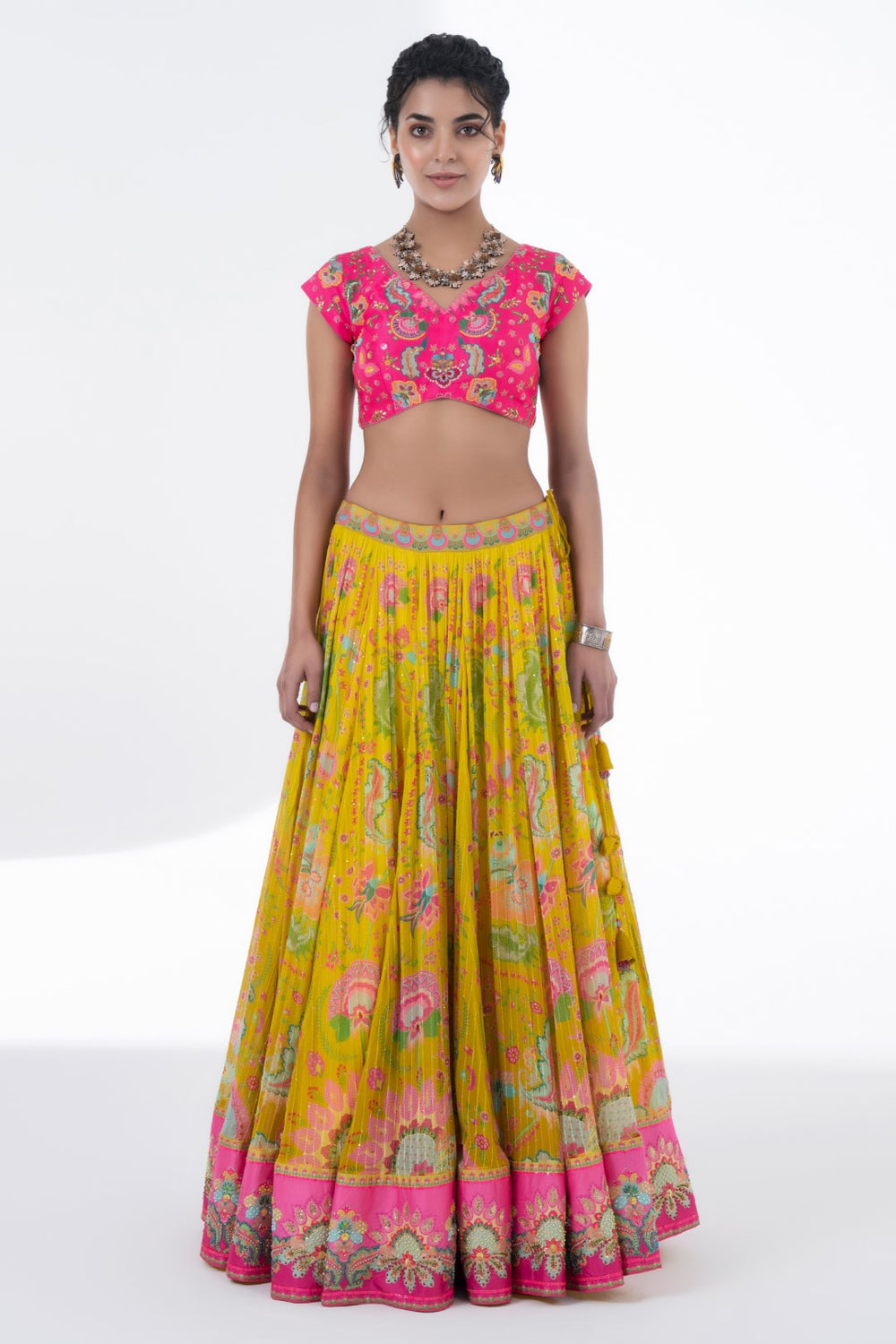 Printed Lehnga With Embroidered Detailing On Border And Blouse With Scalloped Dupatta Set-Siddhartha Bansal