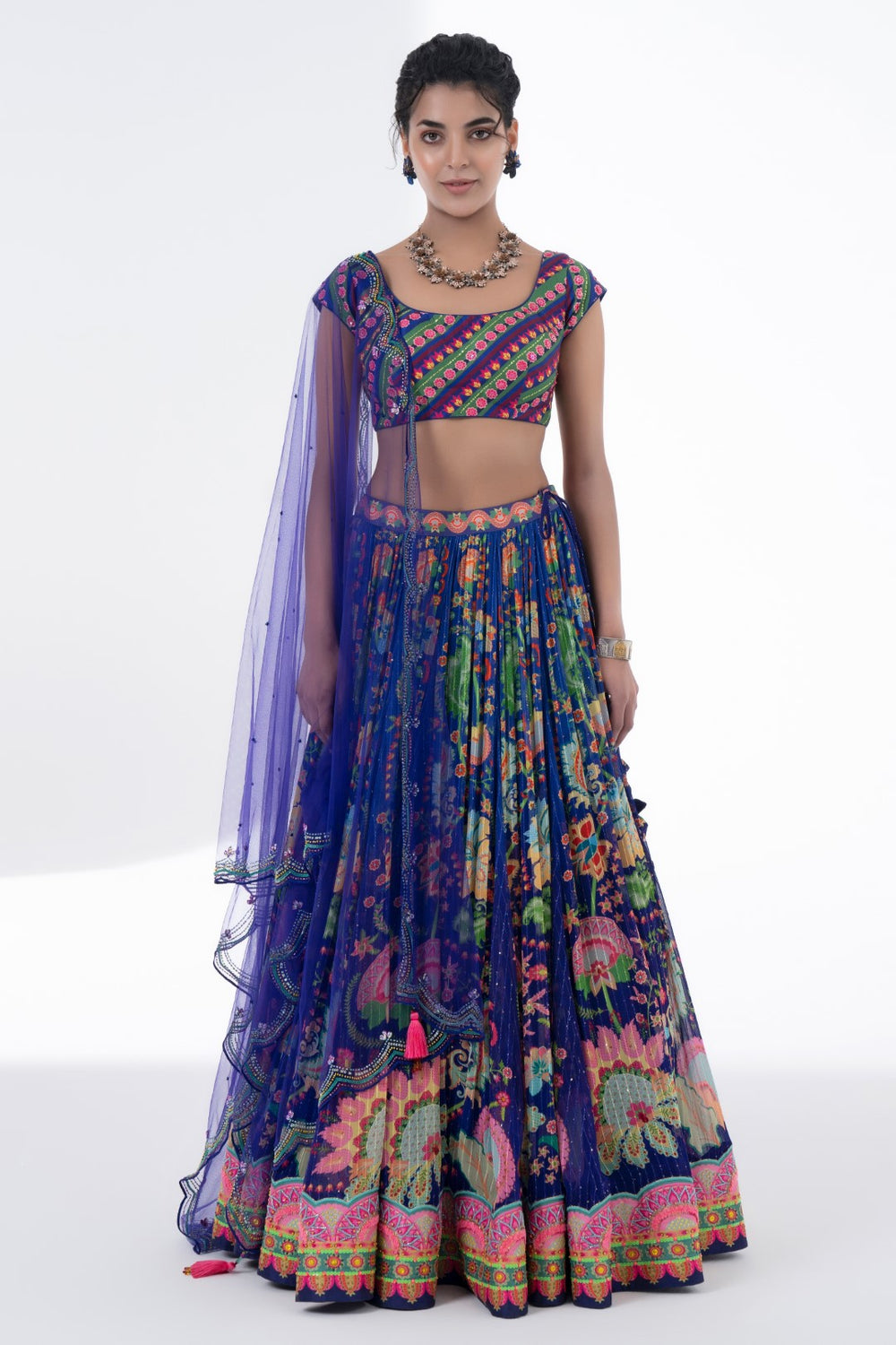 Printed Lehnga With Embroidered Detailing On Border And Blouse With Scalloped Dupatta Set-Siddhartha Bansal