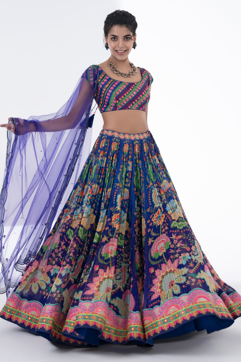 Printed Lehnga With Embroidered Detailing On Border And Blouse With Scalloped Dupatta Set-Siddhartha Bansal
