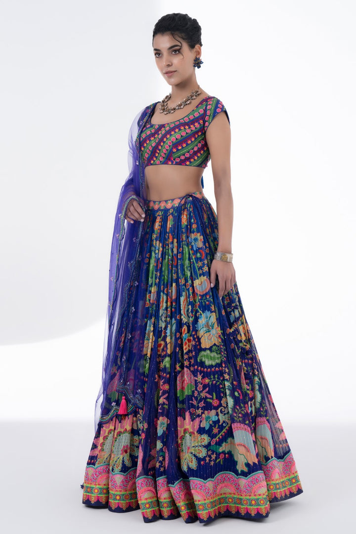 Printed Lehnga With Embroidered Detailing On Border And Blouse With Scalloped Dupatta Set-Siddhartha Bansal