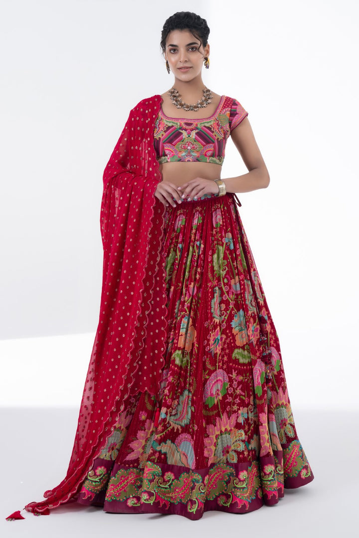 Crimson Ruby Lehenga With Embroidered Border, Emb. Blouse With Scalloped Dupatta-Siddhartha Bansal