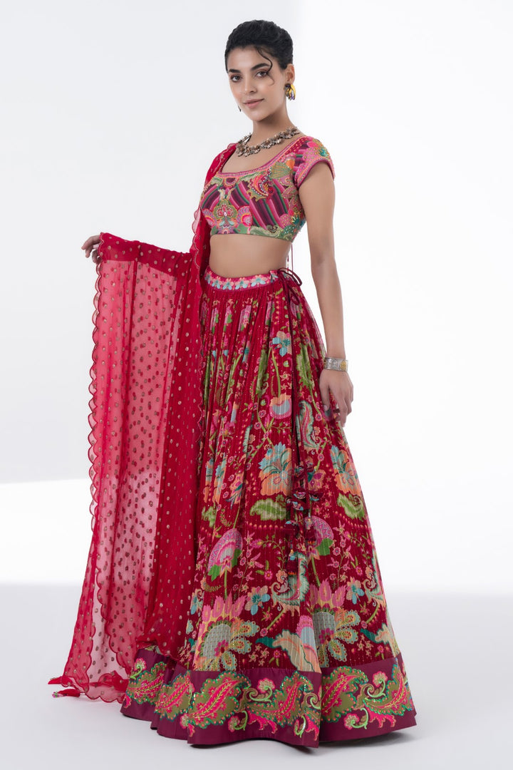 Crimson Ruby Lehenga With Embroidered Border, Emb. Blouse With Scalloped Dupatta-Siddhartha Bansal