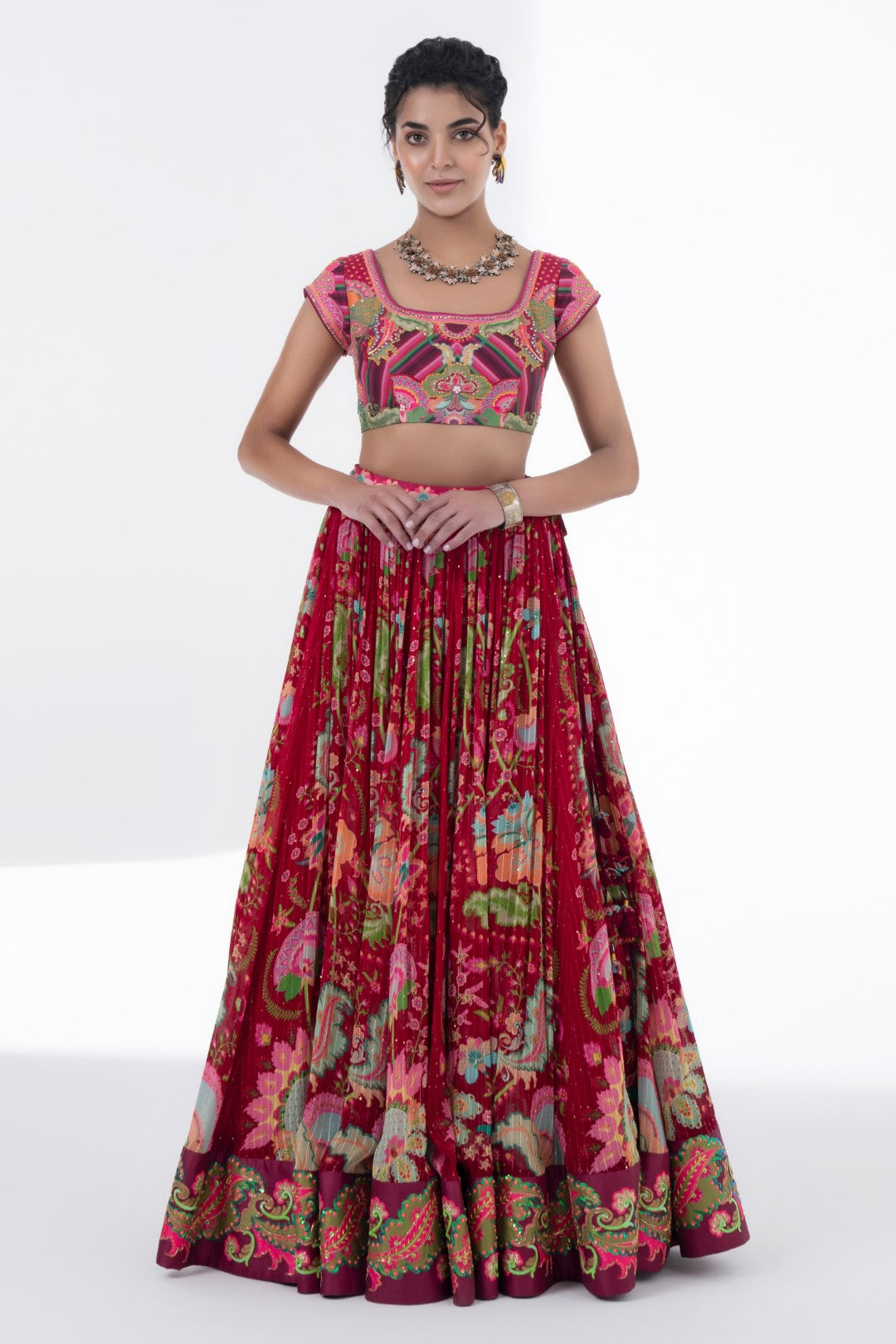 Crimson Ruby Lehenga With Embroidered Border, Emb. Blouse With Scalloped Dupatta-Siddhartha Bansal