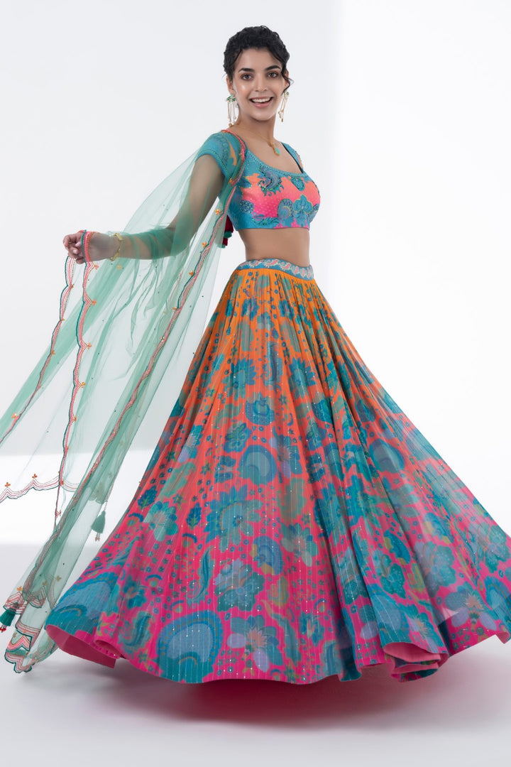 Printed Lehnga With Embroidered Blouse And Scalloped Dupatta Set-Siddhartha Bansal