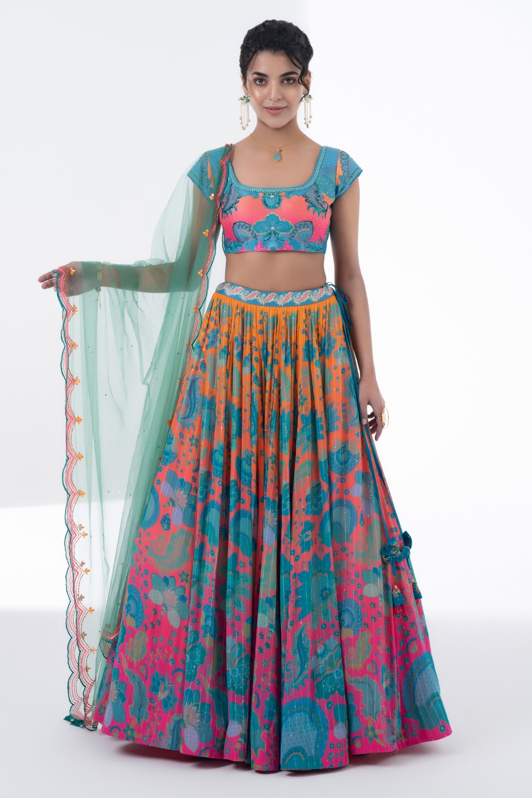 Printed Lehnga With Embroidered Blouse And Scalloped Dupatta Set-Siddhartha Bansal