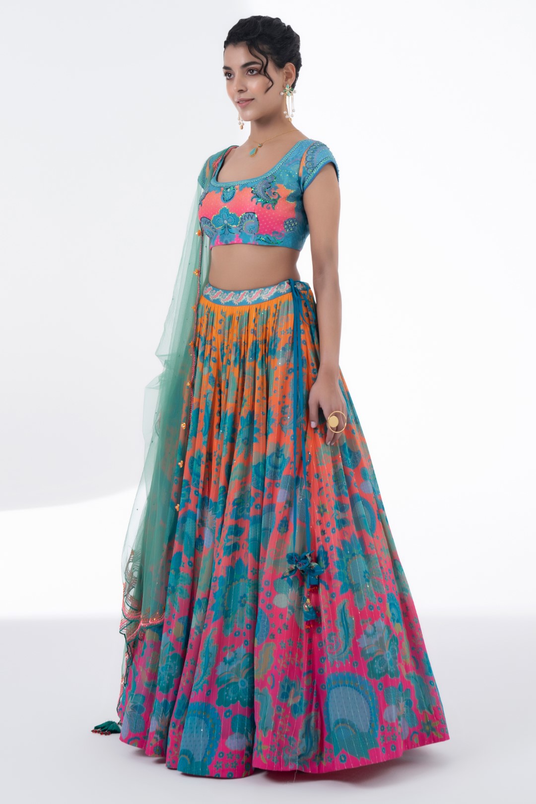 Printed Lehnga With Embroidered Blouse And Scalloped Dupatta Set-Siddhartha Bansal