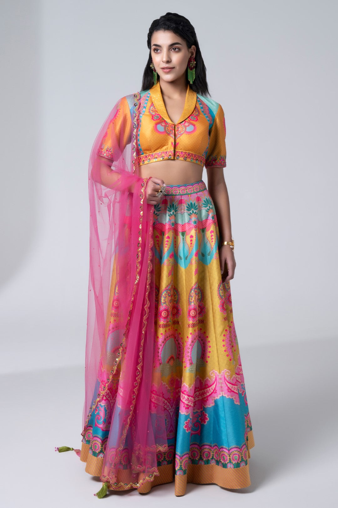 Printed Lehnga With Embroidered Detailing On Blouse And Scalloped Dupatta Set-Siddhartha Bansal