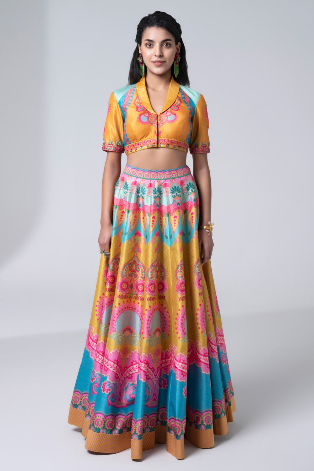 Printed Lehnga With Embroidered Detailing On Blouse And Scalloped Dupatta Set-Siddhartha Bansal
