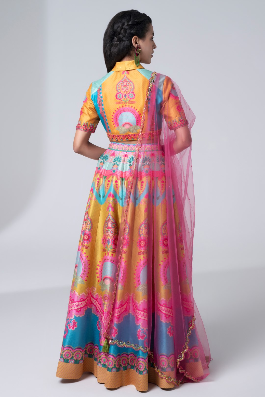 Printed Lehnga With Embroidered Detailing On Blouse And Scalloped Dupatta Set-Siddhartha Bansal