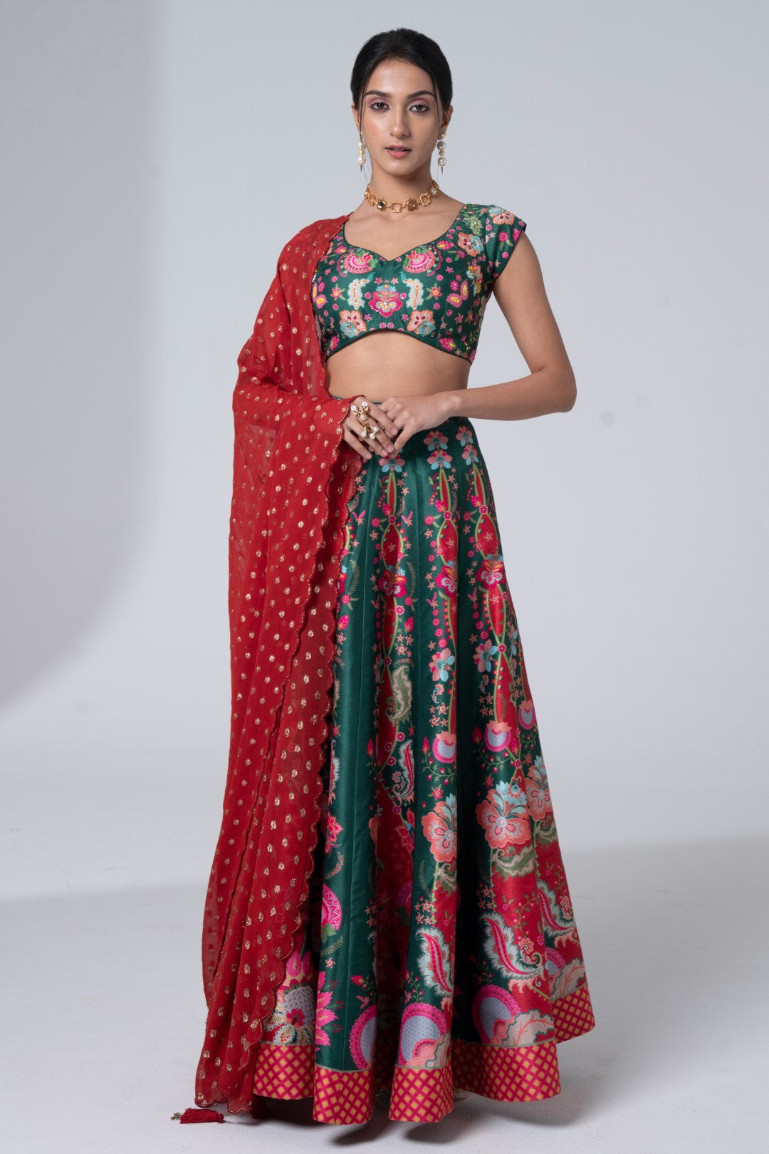 Printed Lehnga With Embroidered Detailing On Blouse And Golden Buta Scalloped Dupatta Set-Siddhartha Bansal