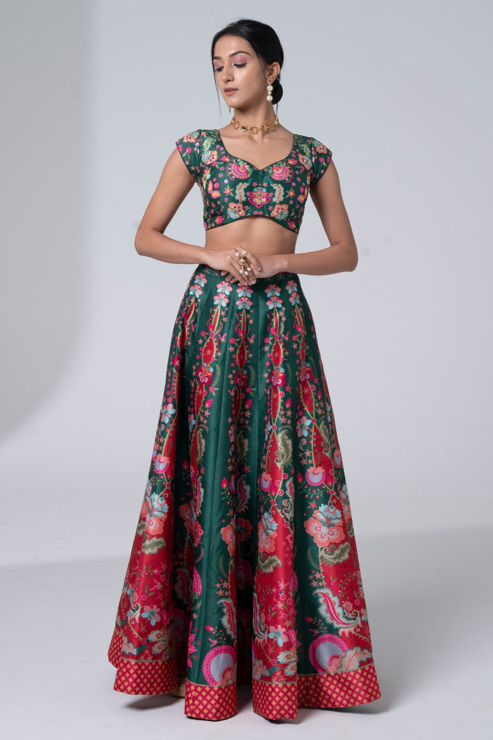Printed Lehnga With Embroidered Detailing On Blouse And Golden Buta Scalloped Dupatta Set-Siddhartha Bansal