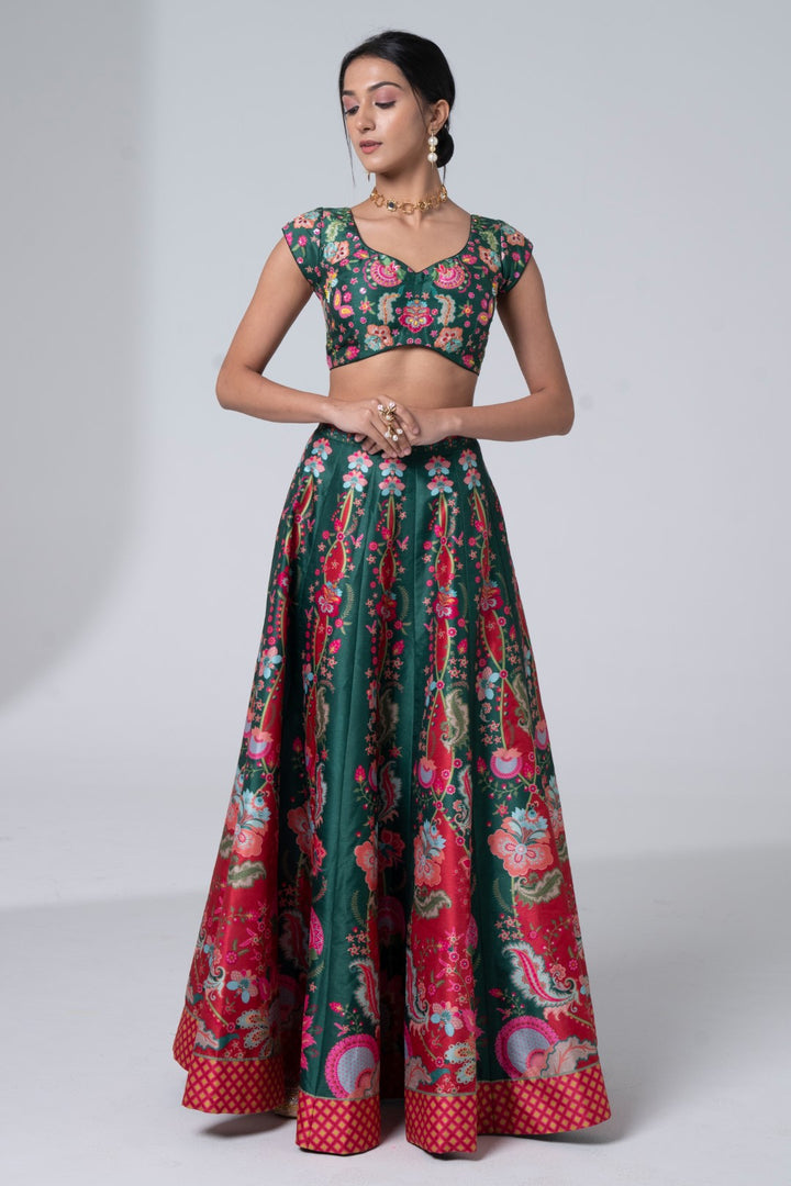 Printed Lehnga With Embroidered Detailing On Blouse And Golden Buta Scalloped Dupatta Set-Siddhartha Bansal