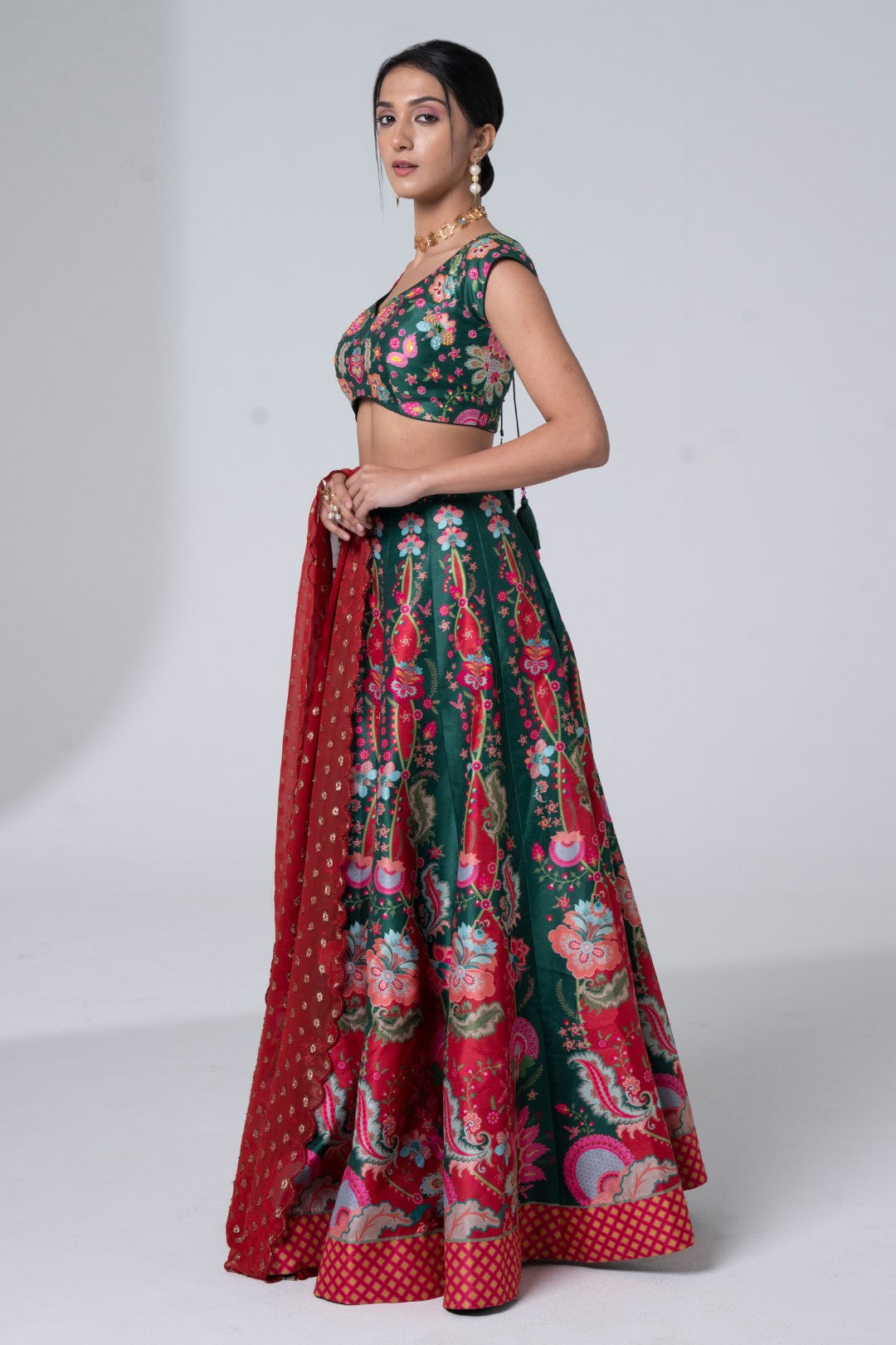 Printed Lehnga With Embroidered Detailing On Blouse And Golden Buta Scalloped Dupatta Set-Siddhartha Bansal