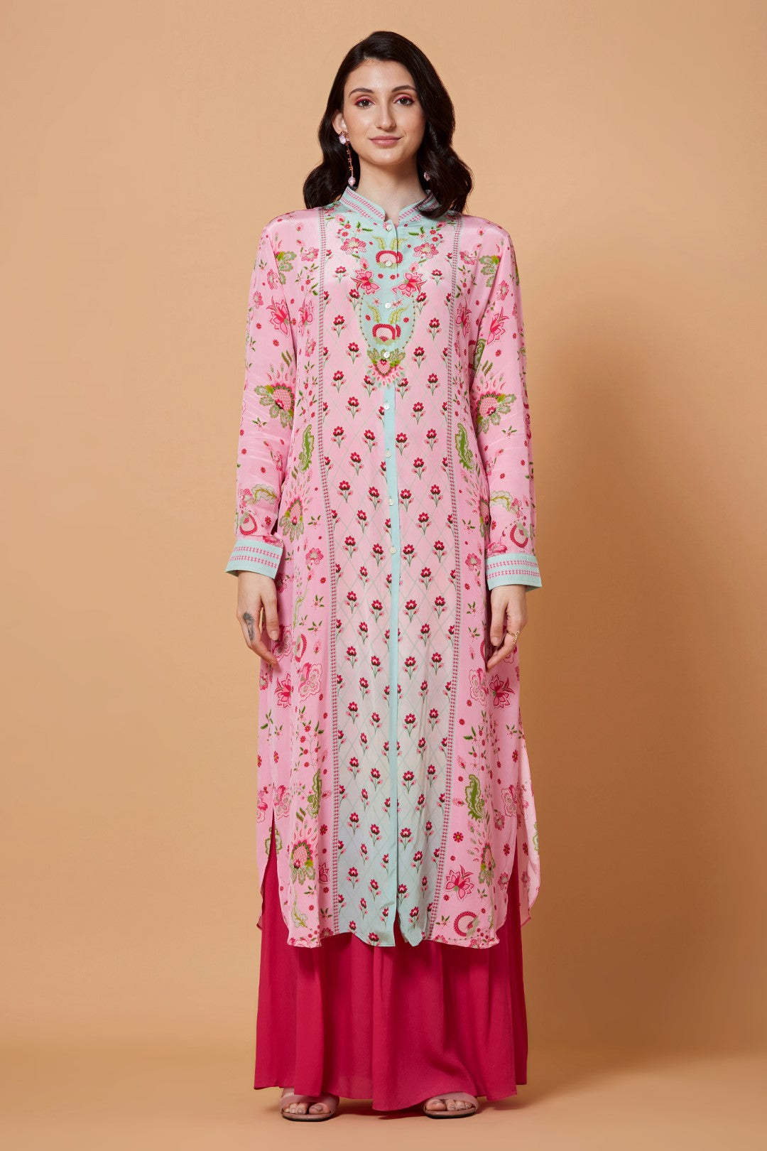 Soft Pink And Mint Blue Ombre Floral Sb Signature Shirt Dress With Mandarin Collar-Siddhartha Bansal