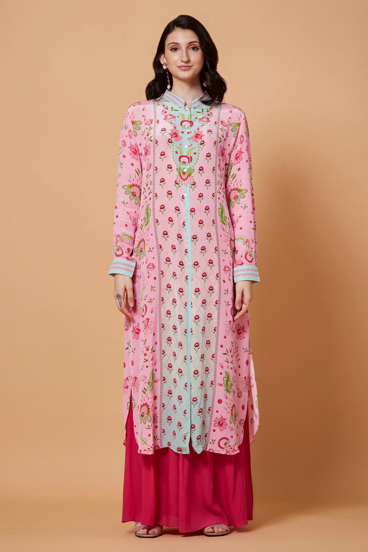 Soft Pink And Mint Blue Ombre Floral Sb Signature Shirt Dress With Mandarin Collar-Siddhartha Bansal