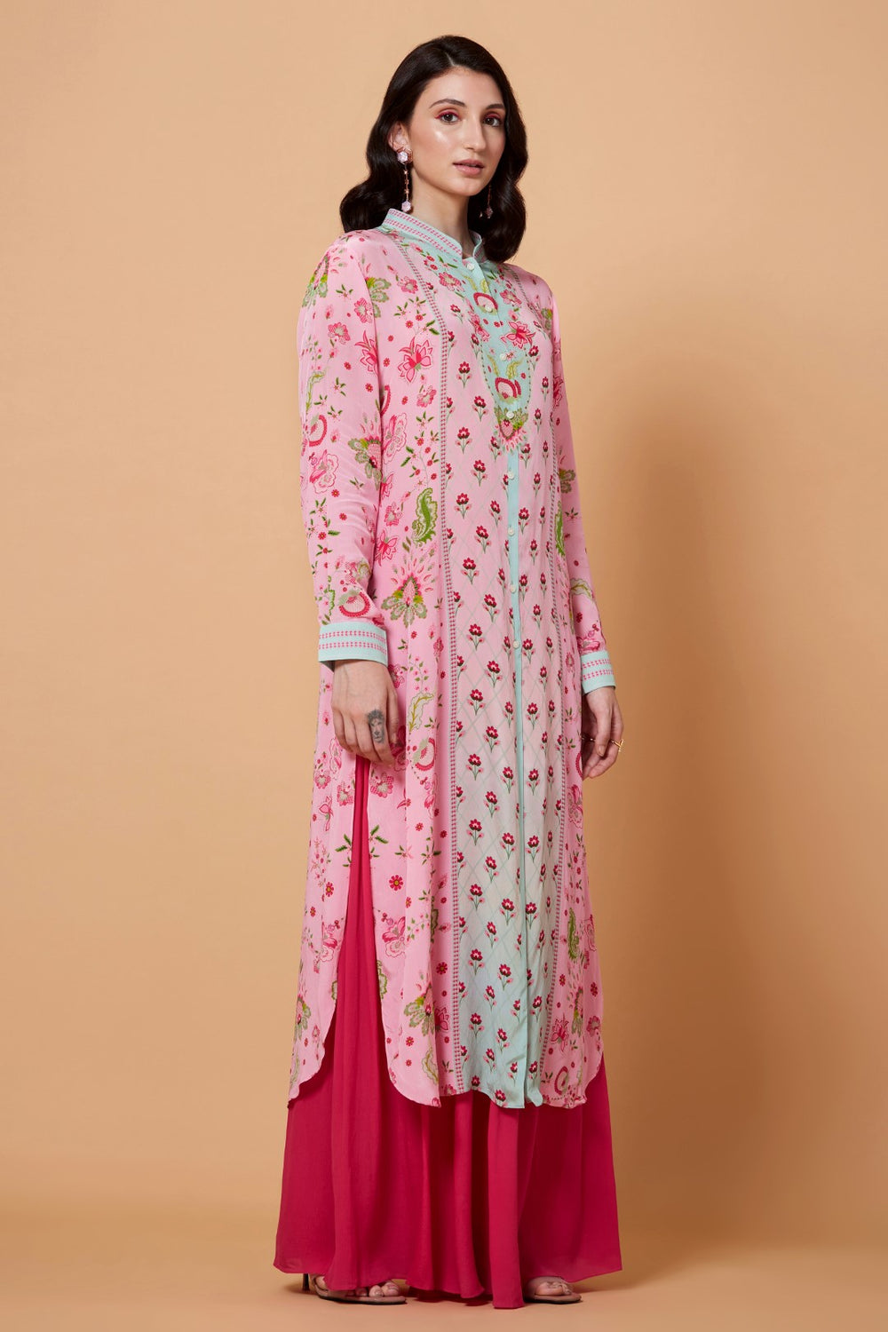 Soft Pink And Mint Blue Ombre Floral Sb Signature Shirt Dress With Mandarin Collar-Siddhartha Bansal
