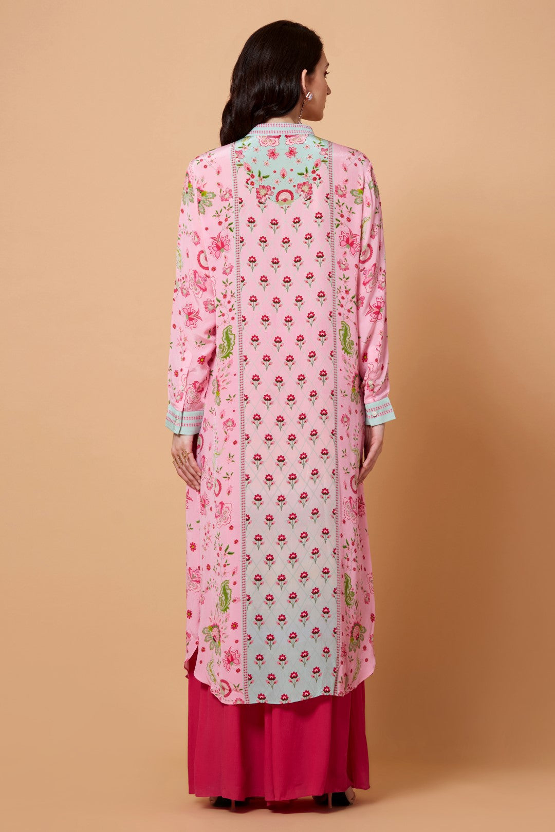 Soft Pink And Mint Blue Ombre Floral Sb Signature Shirt Dress With Mandarin Collar-Siddhartha Bansal