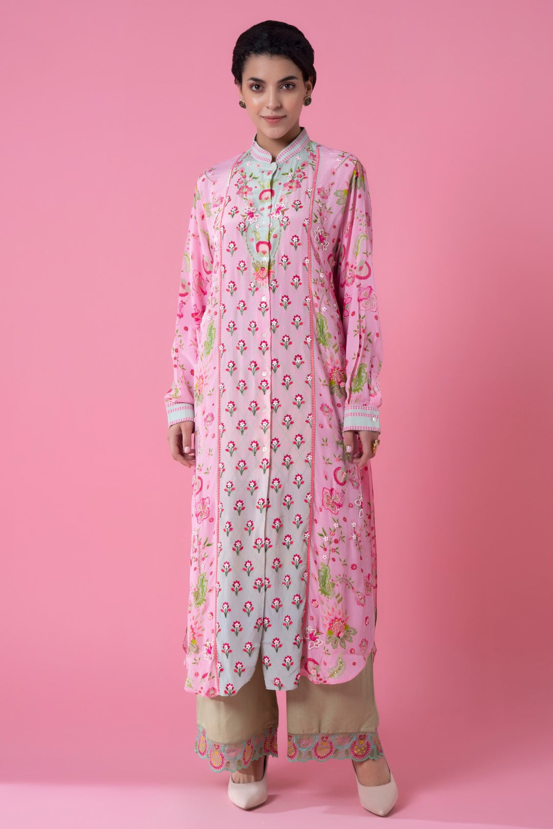 Soft Pink And Mint Blue Ombre Embllished Shirt Dress-Siddhartha Bansal