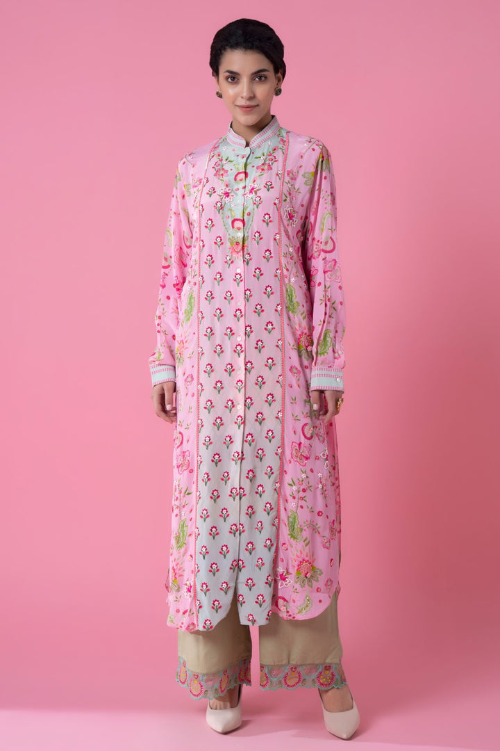 Soft Pink And Mint Blue Ombre Embllished Shirt Dress-Siddhartha Bansal