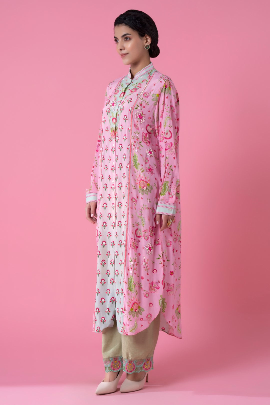 Soft Pink And Mint Blue Ombre Embllished Shirt Dress-Siddhartha Bansal