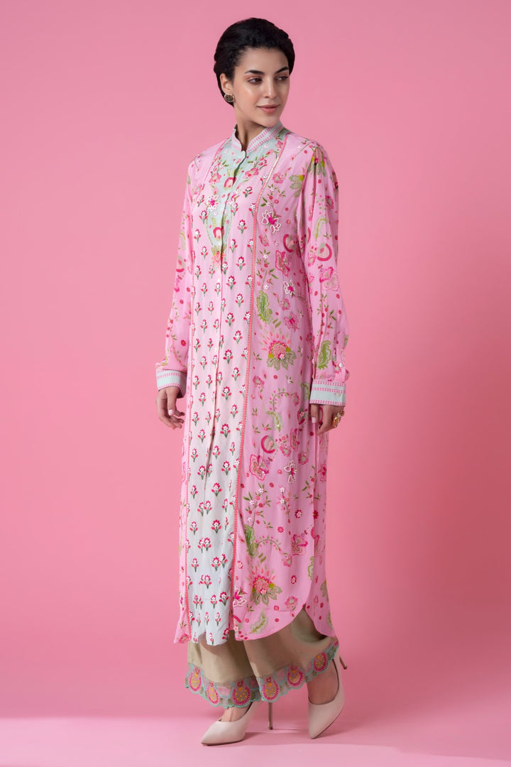 Soft Pink And Mint Blue Ombre Embllished Shirt Dress-Siddhartha Bansal
