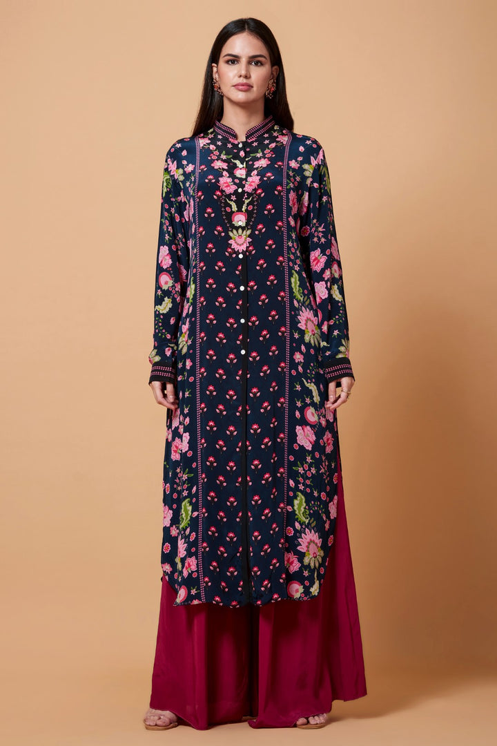 Dark Blue And Pink Side Floral Sb Signature Shirt Dress With Mandarin Collar-Siddhartha Bansal
