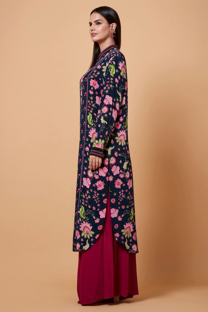 Dark Blue And Pink Side Floral Sb Signature Shirt Dress With Mandarin Collar-Siddhartha Bansal
